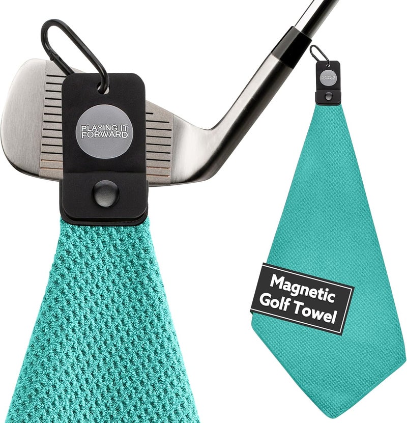 Playing It Forward Magnetic Golf Towels for Golf Bags with Clip & Ultra Strong Magnet - Waffle Weave Microfiber Towel for Secure Hold on Bags & Carts - Ideal Club Cleaner & Accessories - Aqua - Image 1